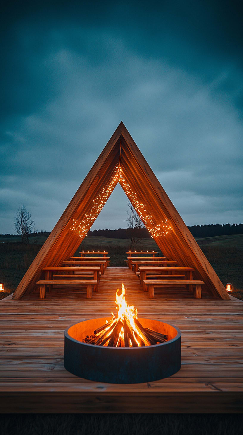 A triangular wooden structure with LED lights, featuring an open fire pit and surrounding benches, set in a meadow under a dark blue sky at night.