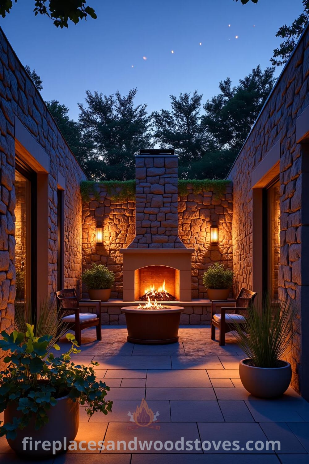 Sunken patio with a cozy fireplace framed by weathered stones, surrounded by potted plants and a low wooden railing, creating an intimate atmosphere ideal for gatherings, featuring cozy ideas for home design inspirations at fireplacesandwoodstoves.com.