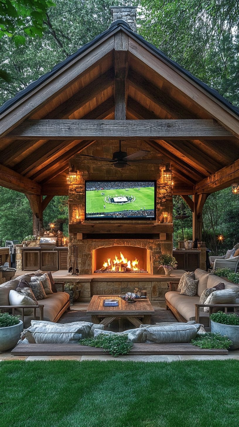 A large rustic wooden pavilion with an outdoor fireplace, TV, and comfortable seating in a lush green backyard.