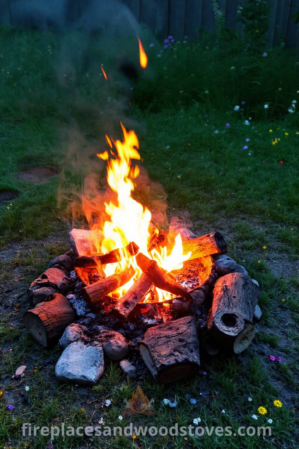 Backyard charcoal camping fire pit surrounded by wildflowers and rugged grass, with logs for seating and hints of past gatherings, creating a cozy outdoor atmosphere that will wow your guests. Visit patioandhomefurniture.com for stylish outdoor design ideas.