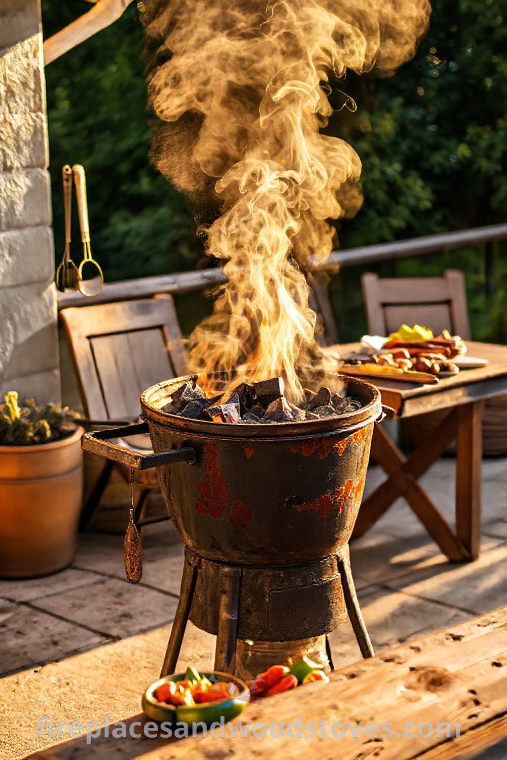 Wood-fired barbecue on a sunny patio with marinated vegetables and meats on a rustic wooden table, creating a cozy and welcoming atmosphere for outdoor gatherings. Visit patioandhomefurniture.com for stylish ideas that will wow your guests.