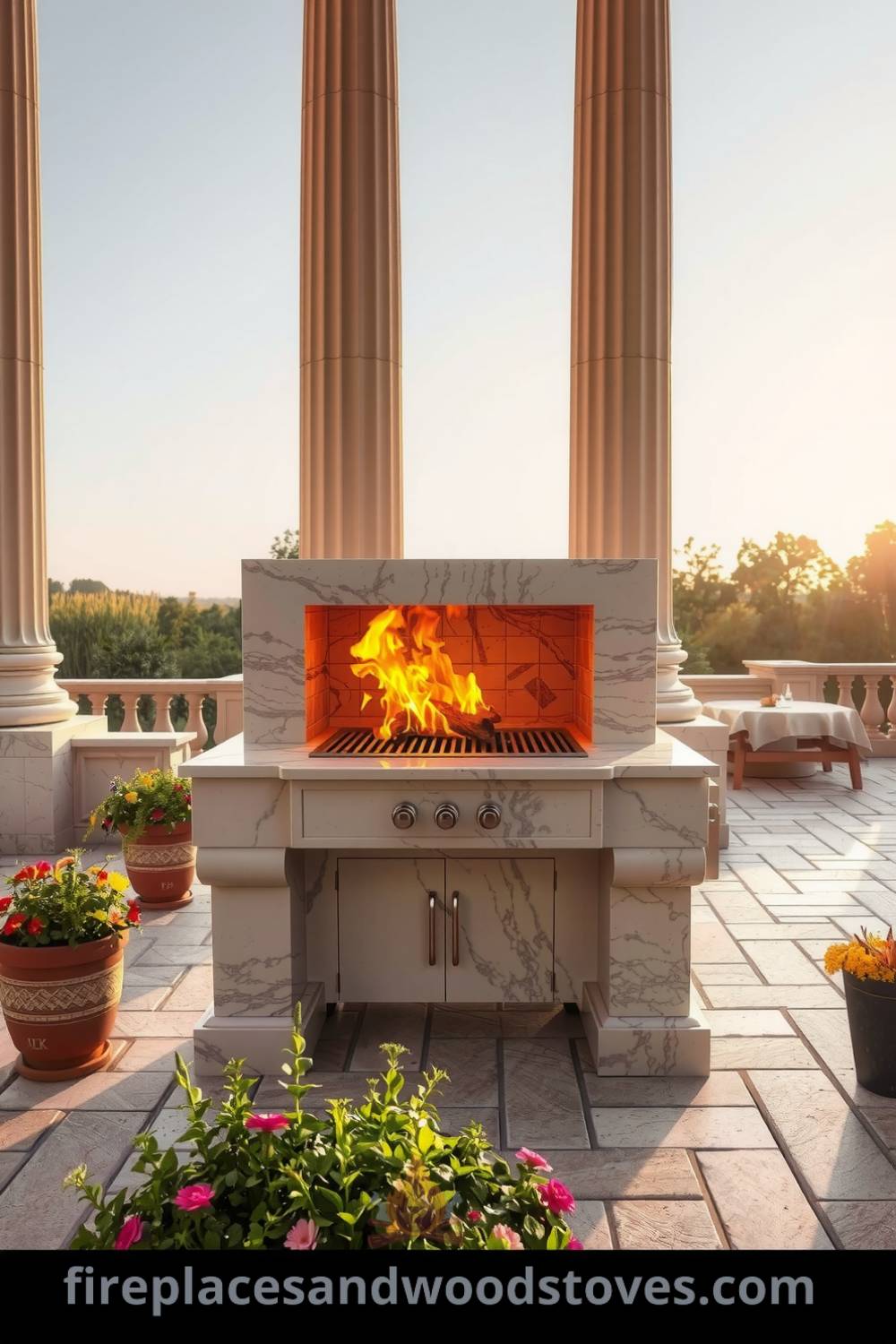 Neoclassical marble outdoor barbecue on a flagstone patio surrounded by fluted columns, with a wood-fueled grill, aromatic herbs, and vibrant flowers under the golden afternoon sun, showcasing elegant decor ideas for your home. Visit fireplacesandwoodstoves.com for unique inspirations.