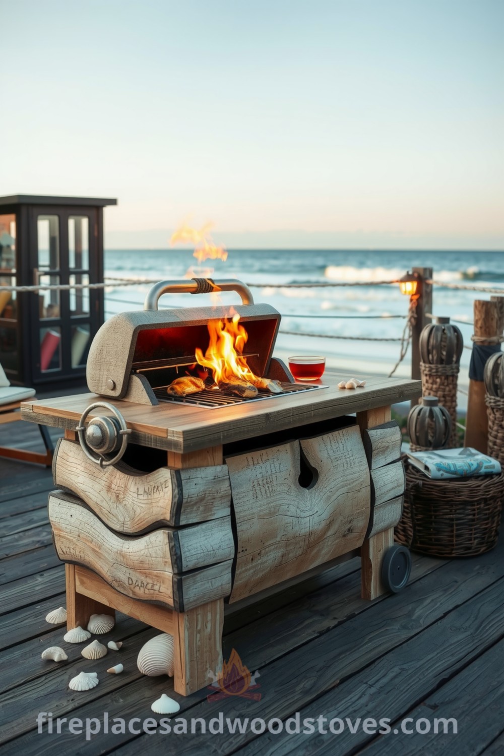 Coastal driftwood barbecue on a weathered deck under the open sky, flames dancing on the seasoned grill, surrounded by seashells, creating a cozy atmosphere perfect for gatherings, featured on fireplacesandwoodstoves.com.