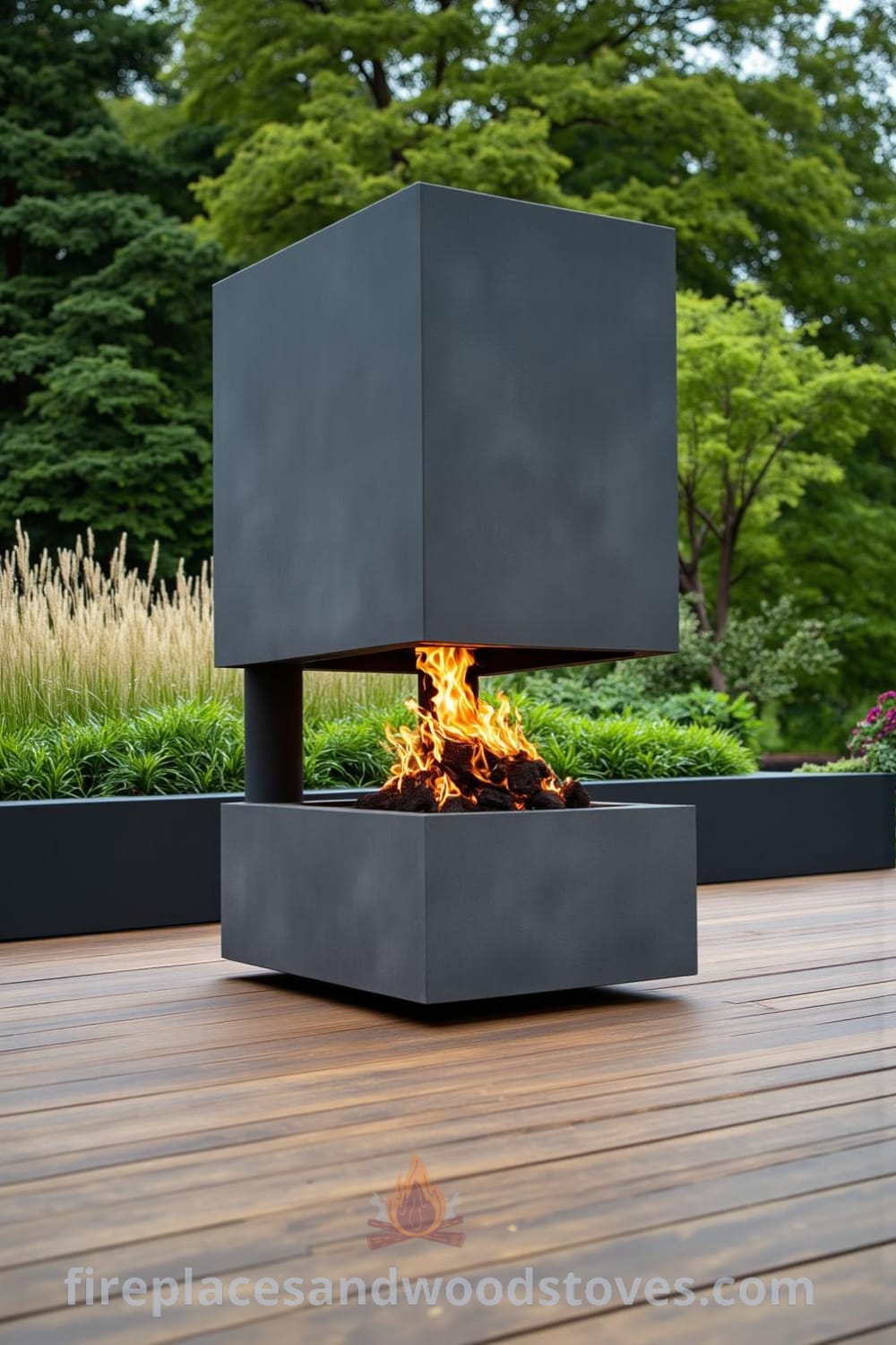 Minimalist outdoor concrete fireplace on a wooden deck, featuring bright flames and surrounded by lush greenery, tall grasses, and cozy patio furniture, providing a warm and inviting atmosphere for outdoor gatherings, showcasing unique design ideas for your home on fireplacesandwoodstoves.com.