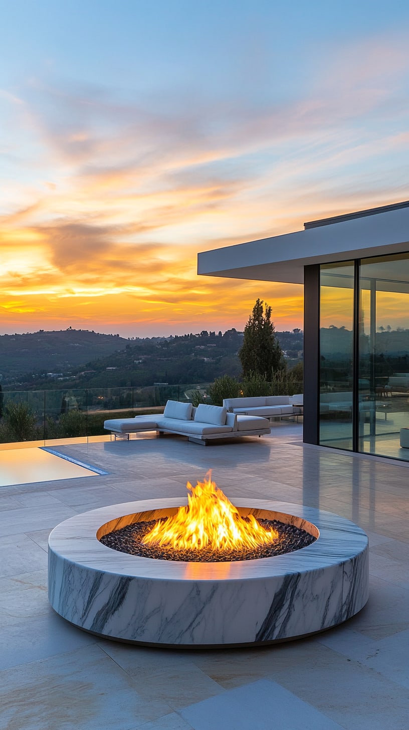 A luxurious marble fire pit on the patio of a modern mansion, with white outdoor furniture and a sunset view over rolling hills.