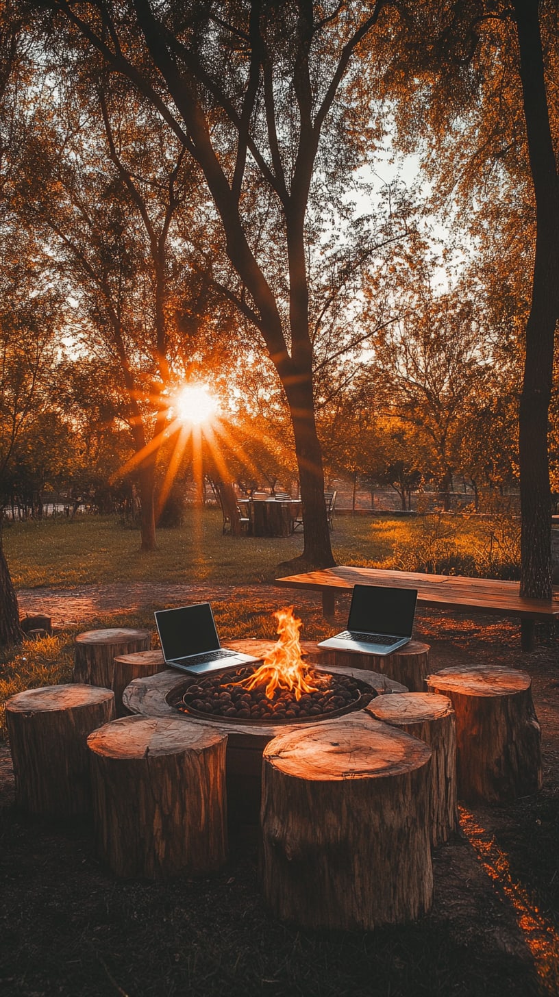 A serene outdoor scene featuring a campfire surrounded by log seating, with two laptops placed on the seats, set against the backdrop of a sunset filtering through the trees.