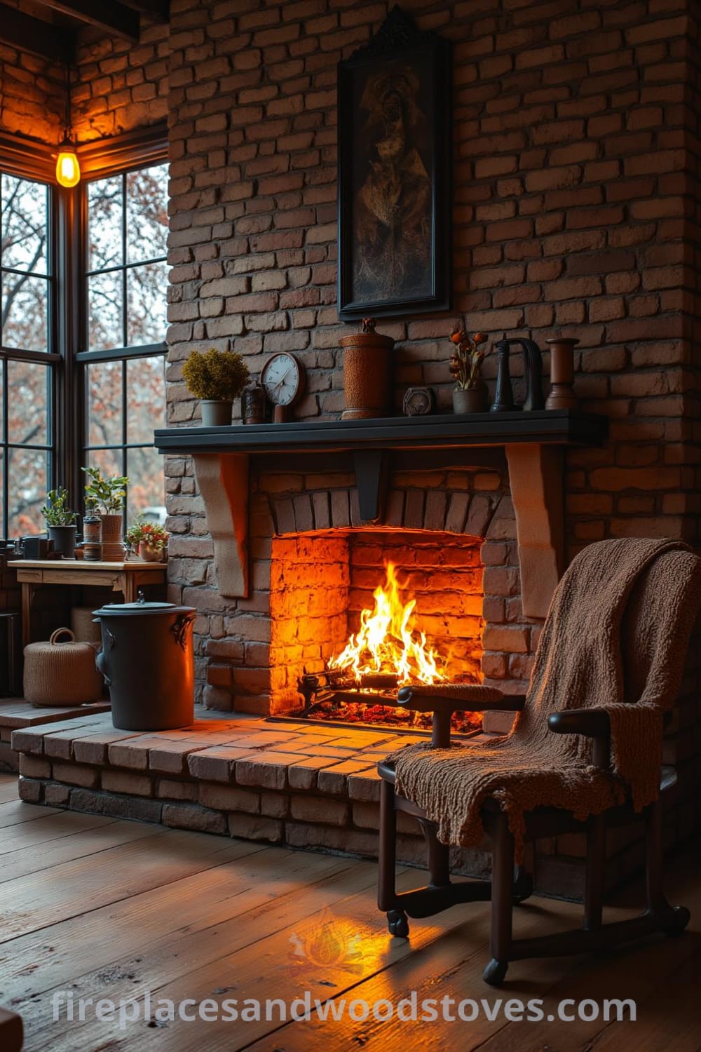 Stone fireplace in a cozy living room with warm lighting, worn wood floors, an inviting armchair with a knitted throw, and exposed brick walls, creating decor ideas and inspirations for a cozy home at fireplacesandwoodstoves.com.