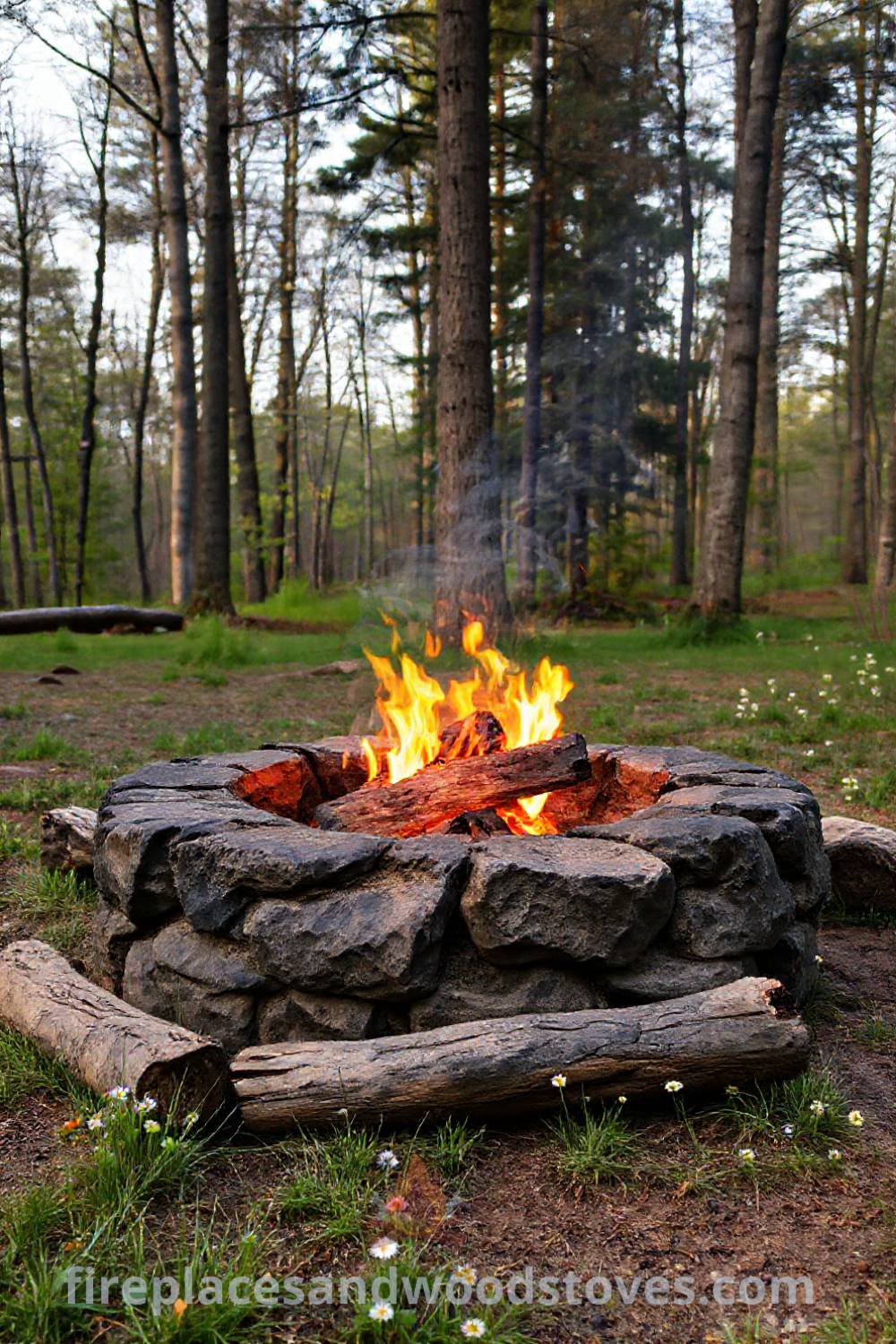 Rustic stone camping fire pit in a forest clearing surrounded by worn log seating and wildflowers, creating a cozy and inviting atmosphere for gatherings under the stars. Visit patioandhomefurniture.com for incredible ideas on transforming your backyard.