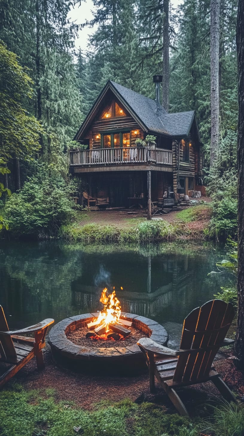 A cozy cabin in the woods with a fire pit, chairs, and a lake surrounded by trees, showcasing a serene rustic atmosphere.