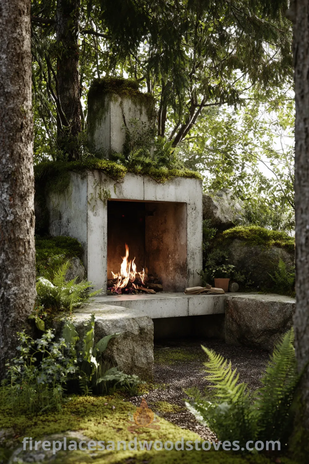 Natural outdoor fireplace in a Scandinavian garden with rough-hewn stone, cozy ambiance, and serene atmosphere.