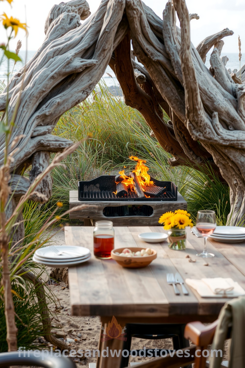 Cozy outdoor barbecue scene featuring driftwood framing a fire pit surrounded by tall grasses and wildflowers, with charred grates and a rustic table set for dining, conveying unique and inspiring decor ideas from fireplacesandwoodstoves.com.