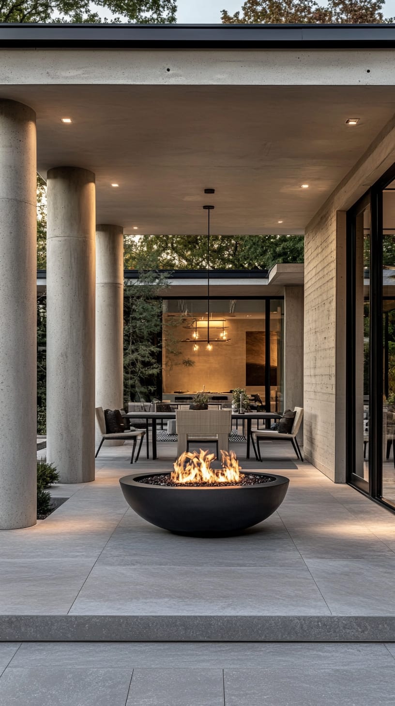 A modern patio featuring a large fire pit, sleek outdoor furniture, and glass doors leading to an interior dining area, designed in a minimalist style.