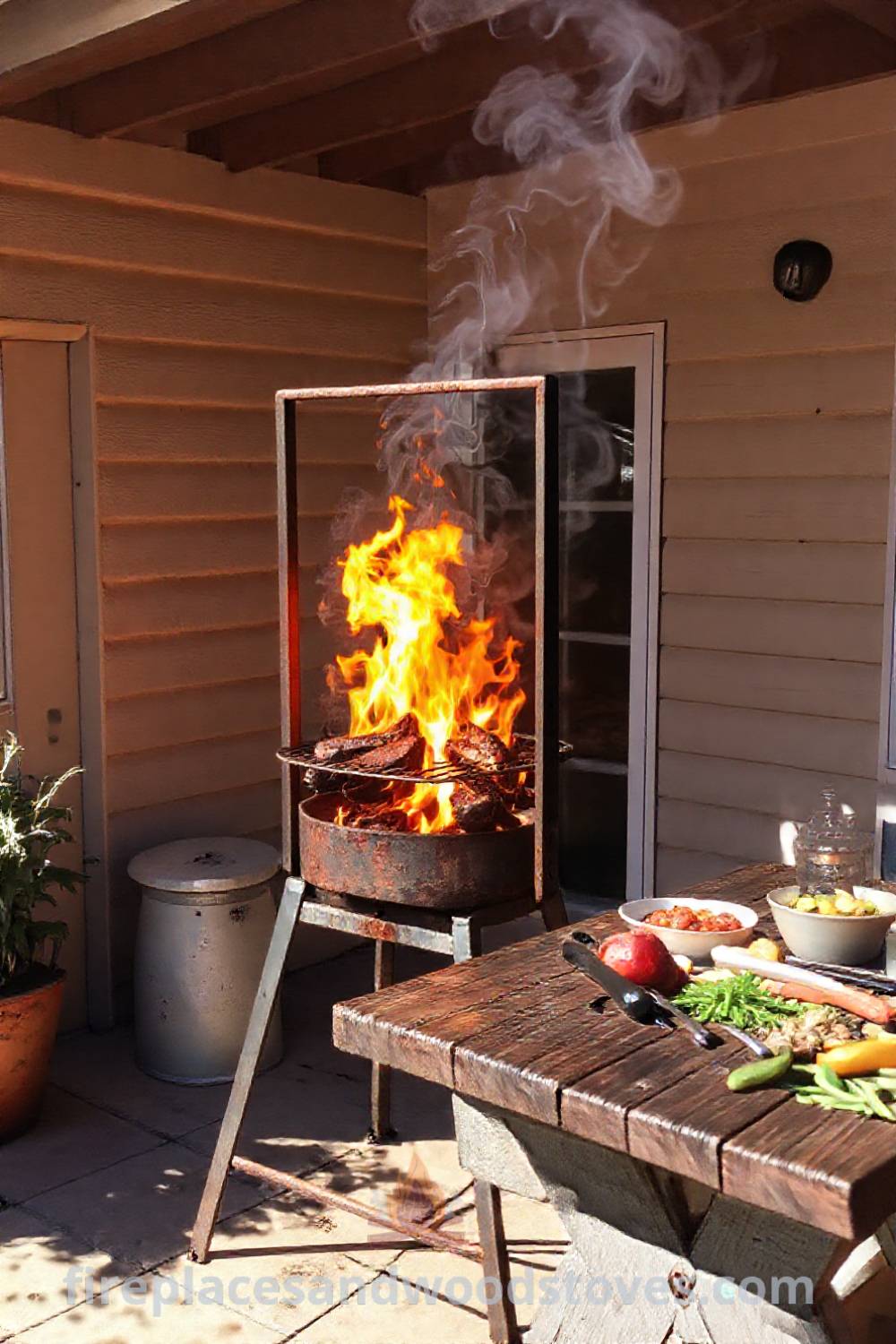 Rustic BBQ on a sun-drenched patio with flames, grilling tools, and fresh ingredients creating a cozy gathering space, perfect for summer feasts. Visit patioandhomefurniture.com for stylish outdoor design inspiration.