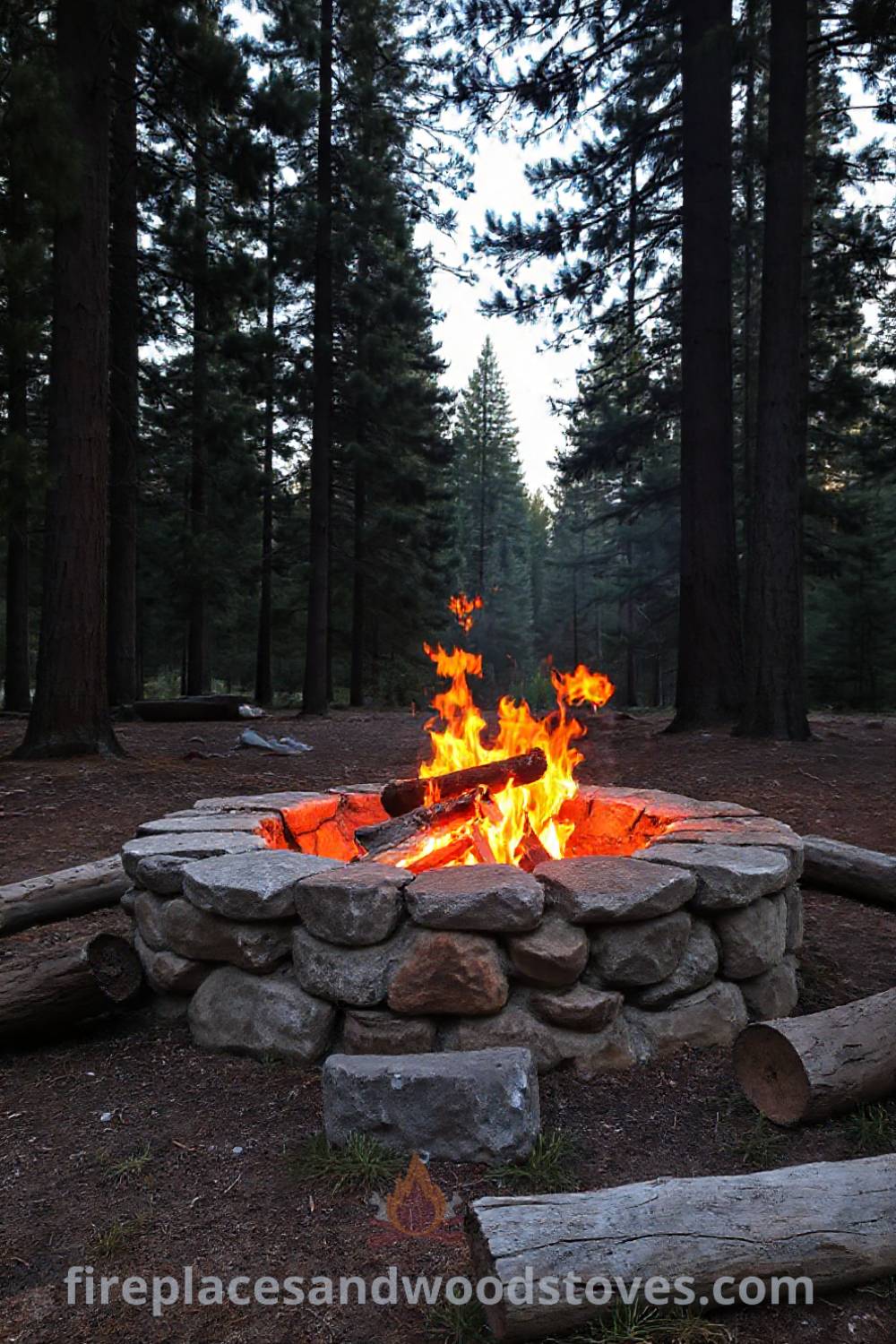 Rustic stone fire pit surrounded by towering pine trees with logs for seating creates a cozy outdoor gathering space, perfect for sharing stories and enjoying evenings with friends and family. Visit patioandhomefurniture.com for stylish outdoor design inspiration.