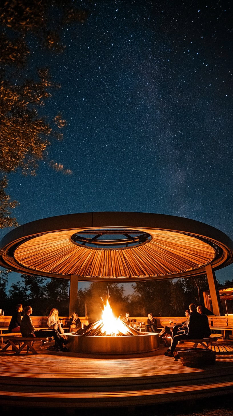 A circular wooden pavilion with an open roof, featuring a central fire pit and people sitting around it, laughing under a starry night sky.