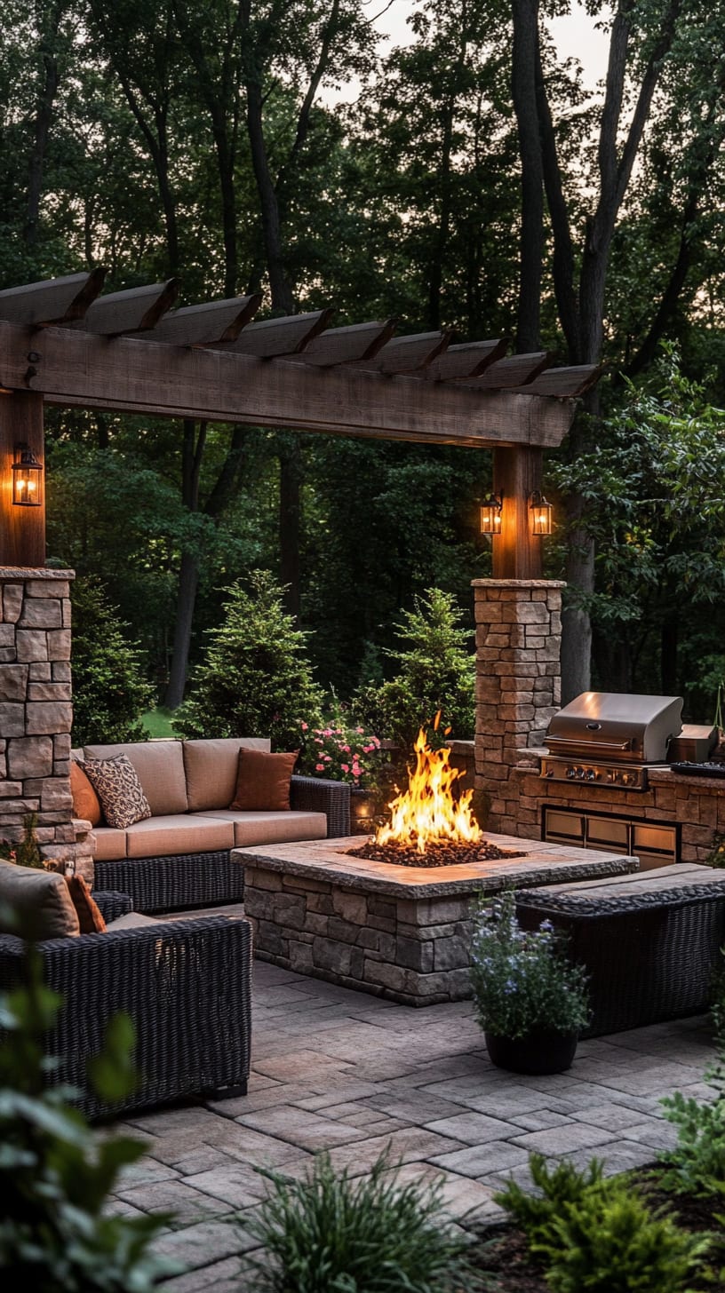 A beautifully designed outdoor living space with a stone fire pit, comfortable seating, warm ambient lighting, and a wooden arbor, surrounded by lush greenery.