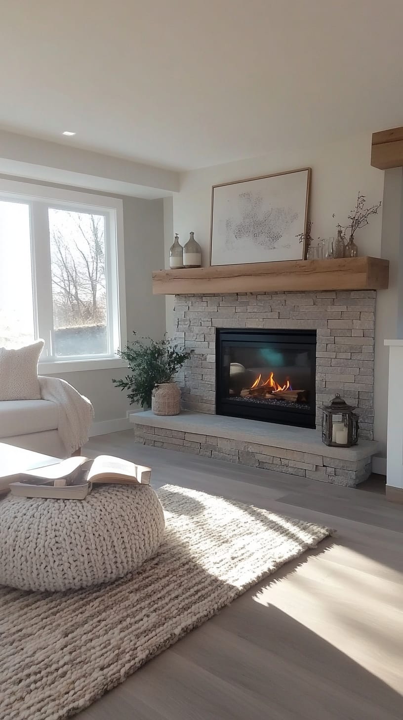 A modern farmhouse living room showcasing a light grey stone fireplace, white oak flooring, large windows, minimalistic decor, and inviting textures like a fluffy beige rug.