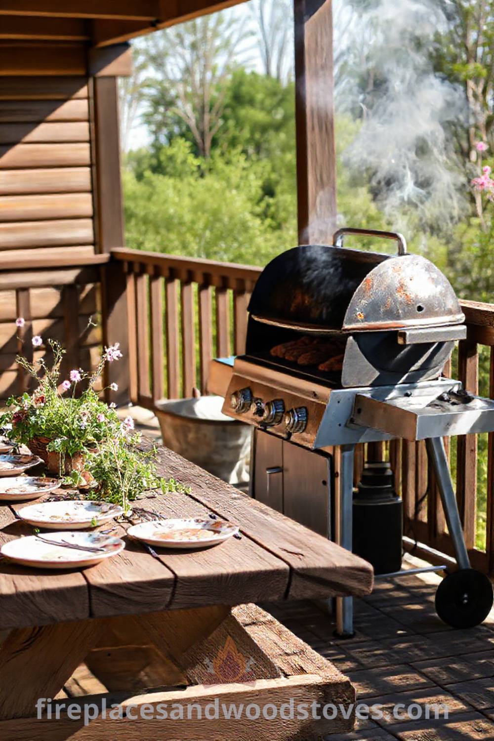 Outdoor BBQ setup on a wooden deck with a grill, picnic table, and herbs in a cozy atmosphere, ideal for gatherings with friends and family, showcasing incredible ideas that will wow your guests. Visit patioandhomefurniture.com for dreamy outdoor design inspiration.