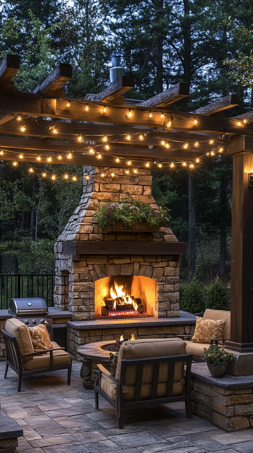 An inviting outdoor living space featuring a stone fireplace with comfortable seating, string lights above, and a serene summer night ambiance.