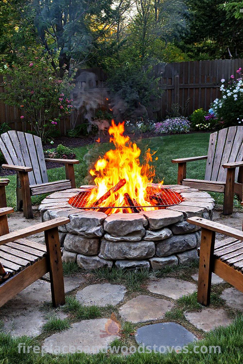 Rustic stone wood-burning fire pit surrounded by inviting wooden chairs in a sun-kissed backyard, creating a cozy atmosphere perfect for gatherings. Visit patioandhomefurniture.com for incredible ideas that will wow your guests.