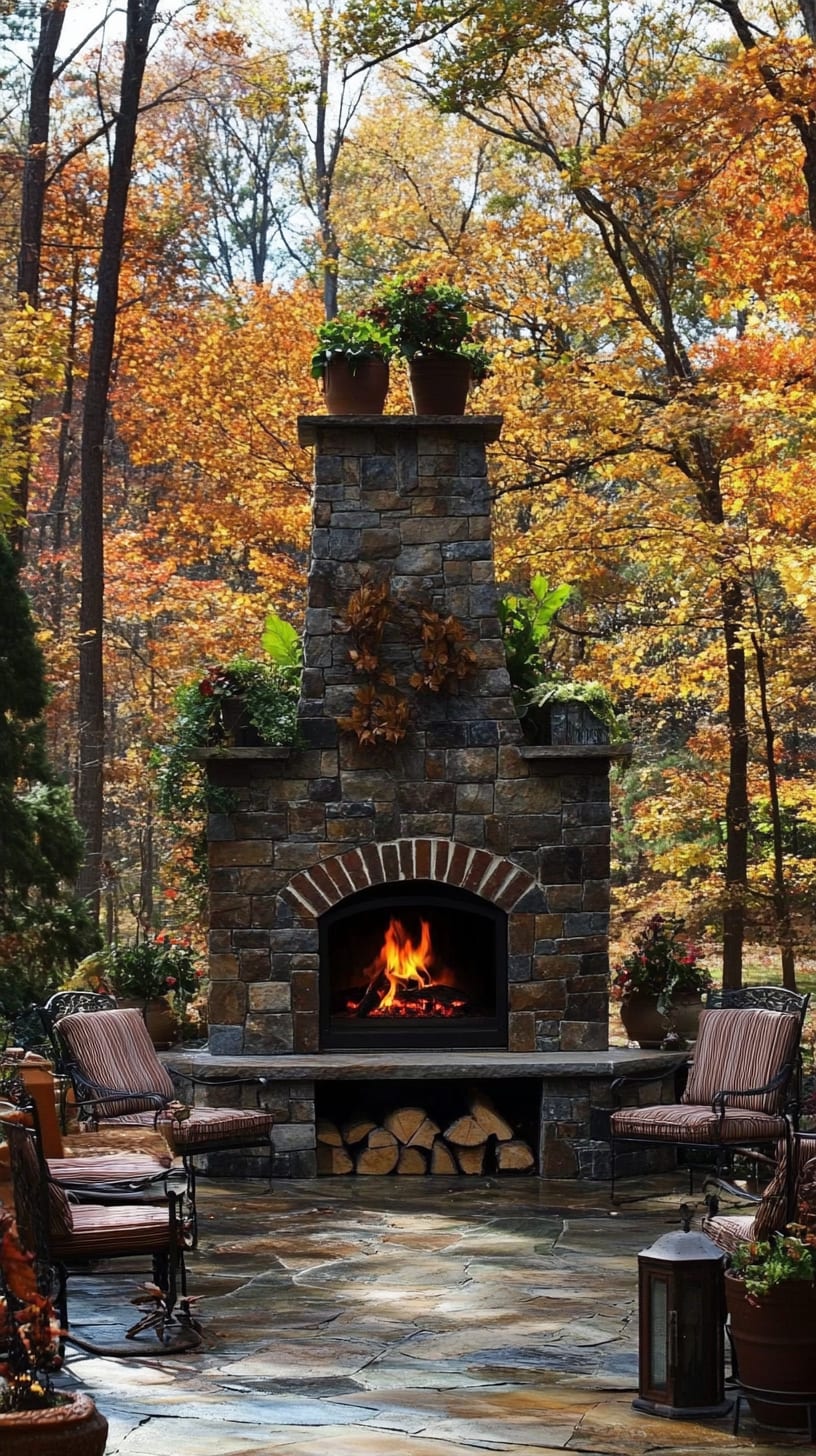 A rustic stone outdoor fireplace surrounded by autumn foliage and comfortable seating, ideal for cozy gatherings in a warm atmosphere.