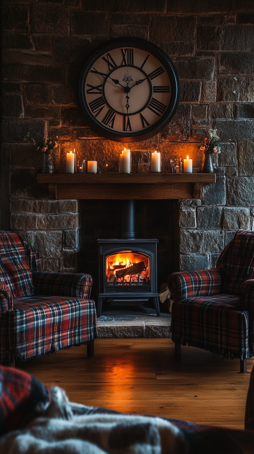 A rustic living room featuring a stone fireplace, tartan armchairs, flickering candles, and an old-fashioned clock on the wall, creating a warm and inviting atmosphere.
