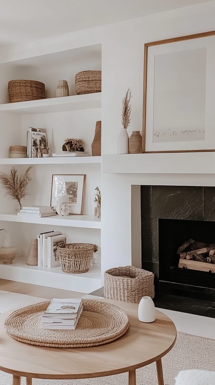 A minimalist living room featuring white walls, a wooden coffee table, built-in shelves, and a black fireplace, adorned with wicker baskets and framed art, all in neutral tones.