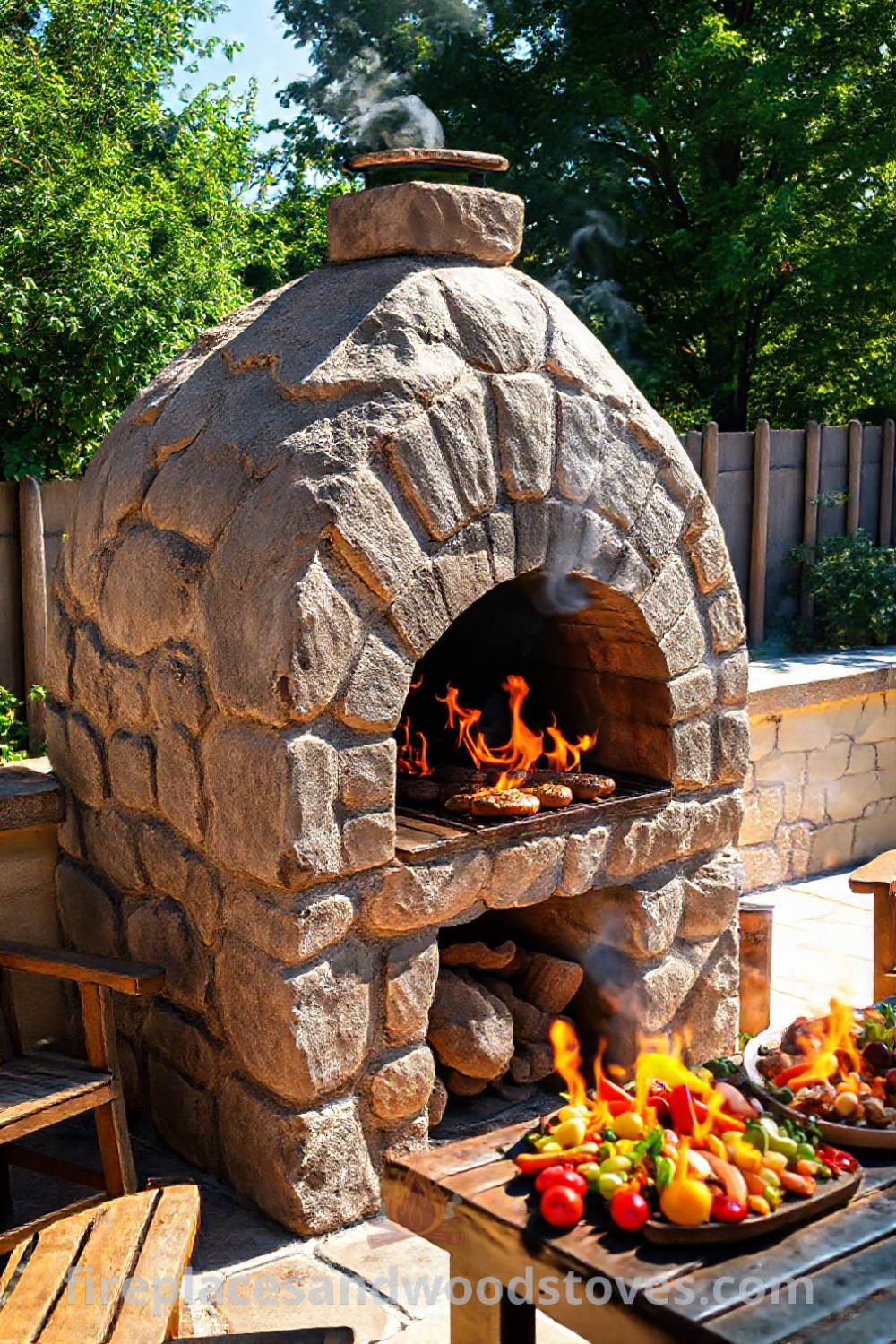 Stone BBQ oven on a sun-drenched patio surrounded by wooden furniture and colorful vegetables, creating a cozy outdoor culinary oasis for summer feasts. Visit patioandhomefurniture.com for incredible outdoor design inspiration.