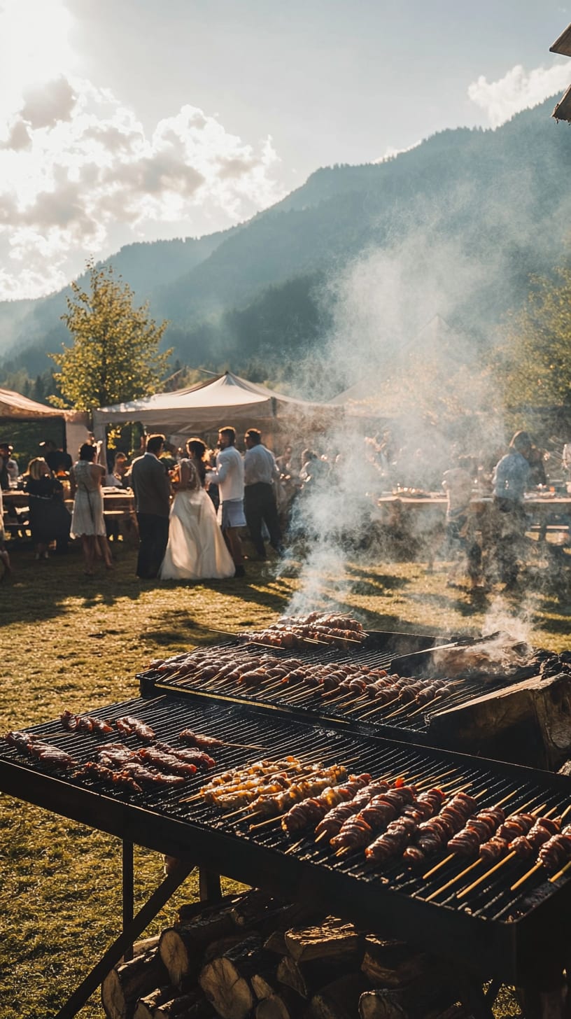 A scenic outdoor wedding barbecue in the mountains, featuring guests enjoying food and drinks, with beautifully decorated tables and smoke from sizzling meat in the clear blue sky.