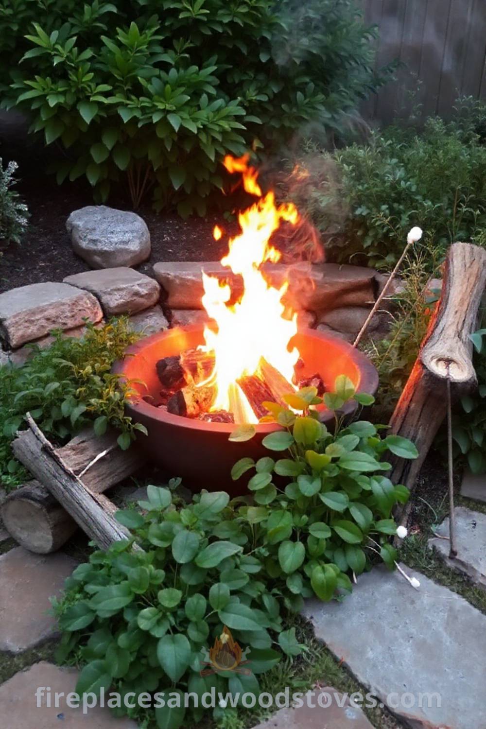 Backyard charcoal fire pit nestled among greenery with stone pavers, creating a cozy outdoor space perfect for gatherings and roasting marshmallows, showcasing stylish designs transforming your backyard. Visit patioandhomefurniture.com for incredible ideas you’ll love.