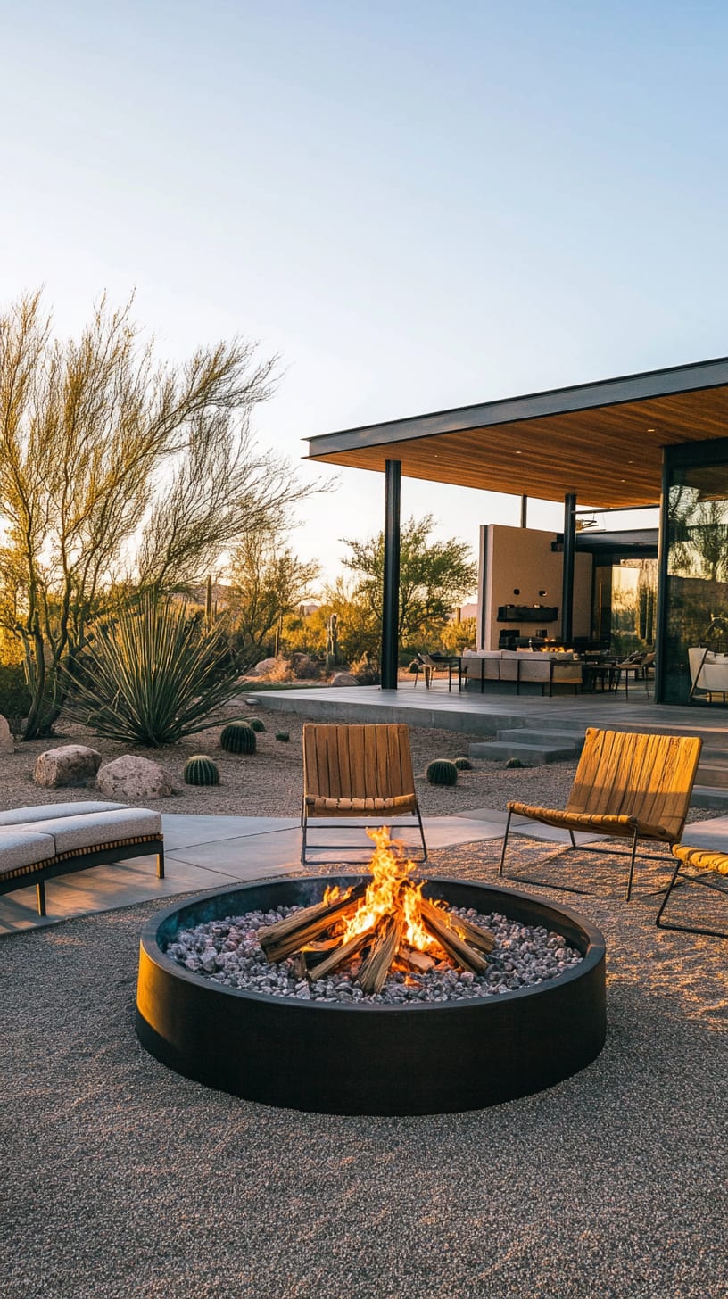 A modern outdoor fire pit surrounded by seating, set in the Arizona desert with gentle evening light, showcasing a minimalist aesthetic and serene atmosphere.