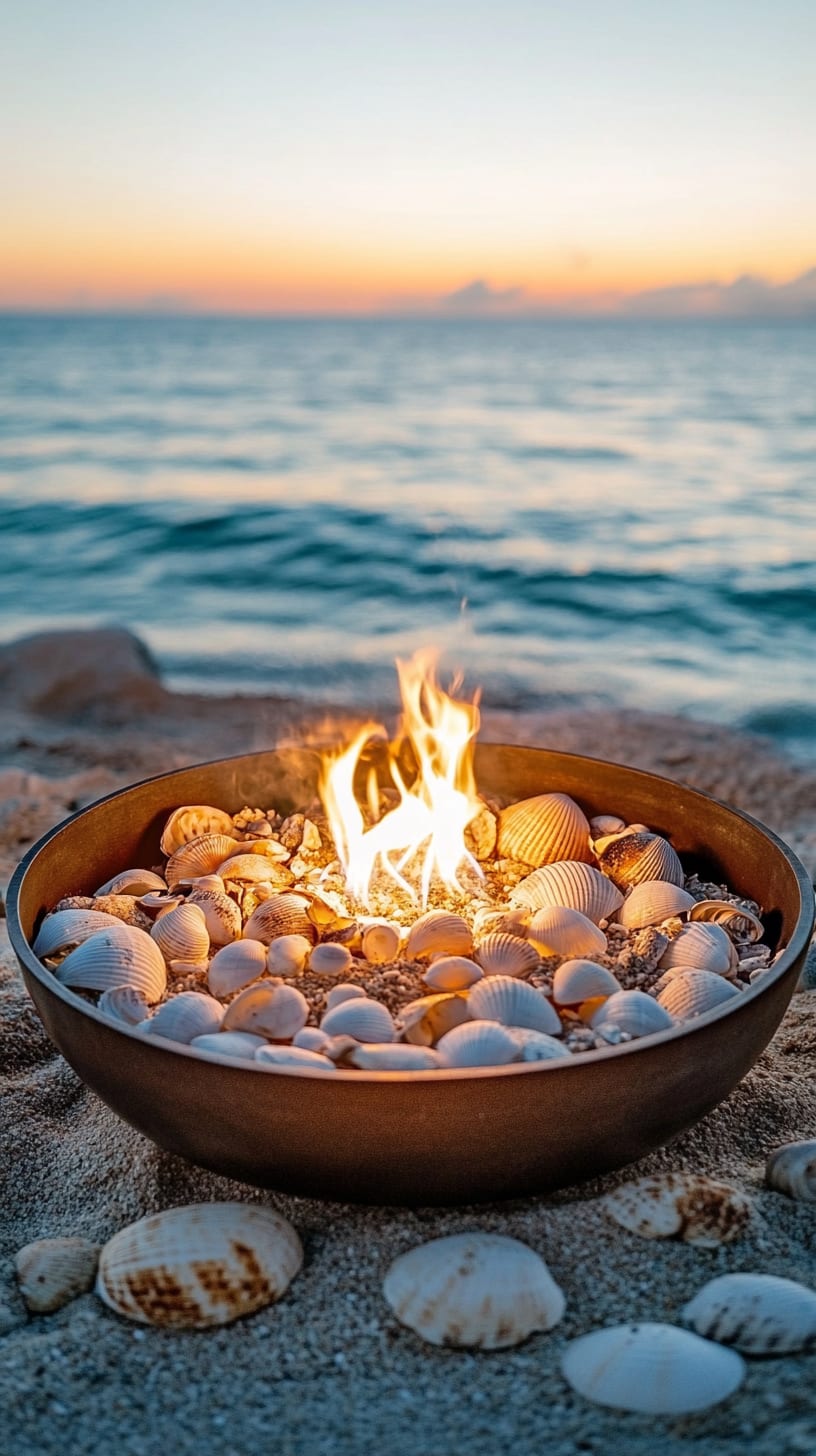 A metal bowl filled with seashells sits on a beach at sunset, surrounded by sand, with a fire burning in front and the ocean in the background.