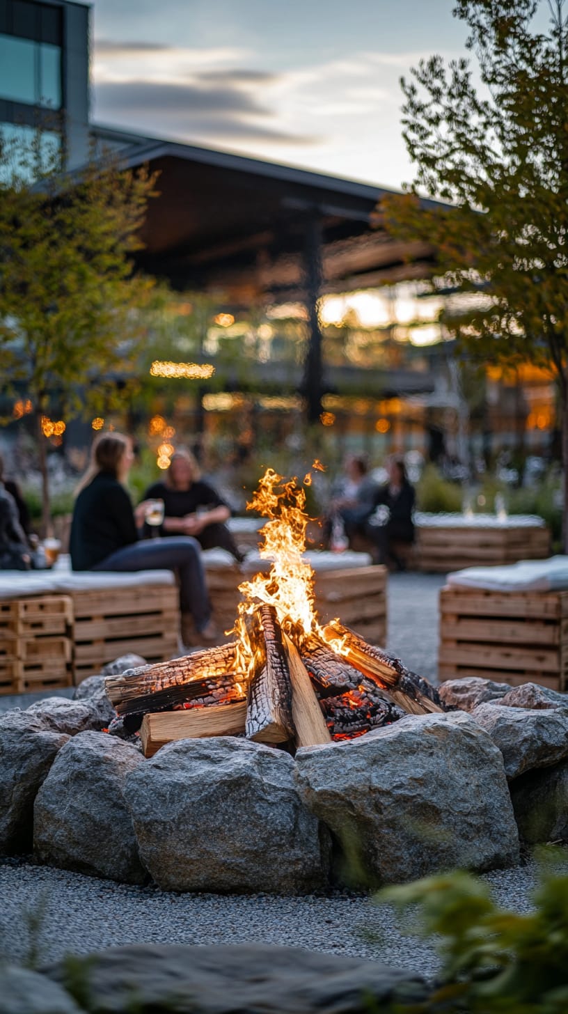 A cozy outdoor fire pit with wooden seating, surrounded by people enjoying drinks and a modern building in the background during dusk.