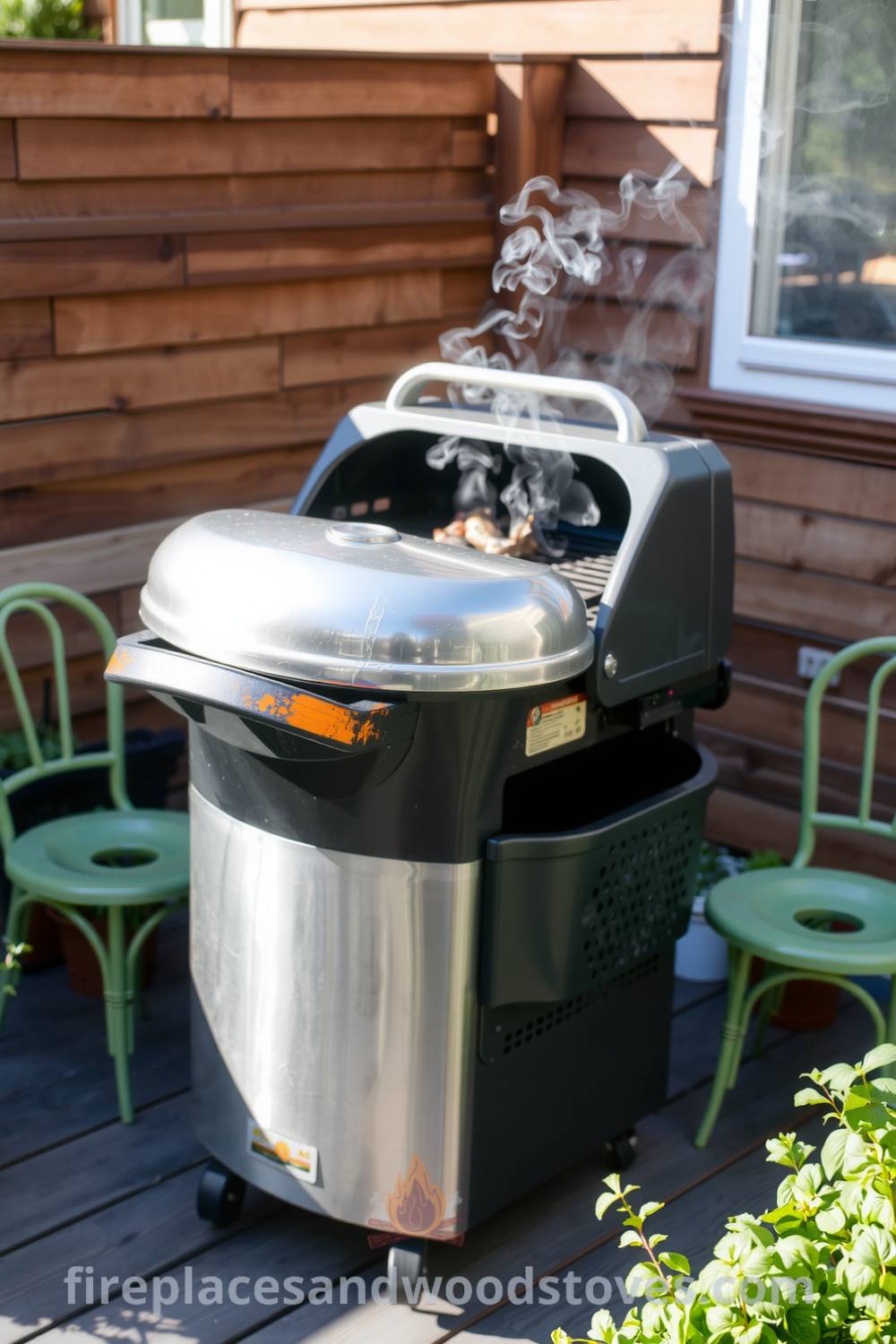 Sturdy barbecue on a wooden deck surrounded by thriving potted herbs and inviting mismatched chairs, with smoke curling from the grill and delicious meats sizzling, evoking cozy ideas for outdoor gatherings at fireplacesandwoodstoves.com.