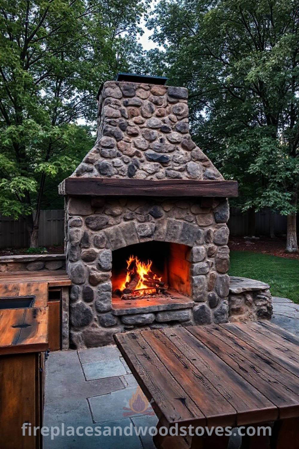 Outdoor kitchen with a wood-burning fireplace and rustic stone structure, featuring weathered wooden countertops and a sturdy dining table, creating a cozy gathering spot in a serene backyard. Visit patioandhomefurniture.com for incredible outdoor design inspiration.