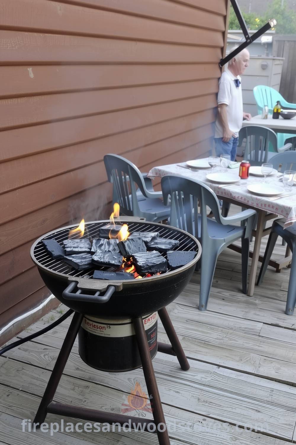 A cozy barbecue setting on a wooden deck featuring a slightly rusted grill with flickering flames and charcoal briquettes, surrounded by mismatched chairs and a table ready for a meal, creating an inviting atmosphere. Visit fireplacesandwoodstoves.com for unique design ideas and inspirations for your home.