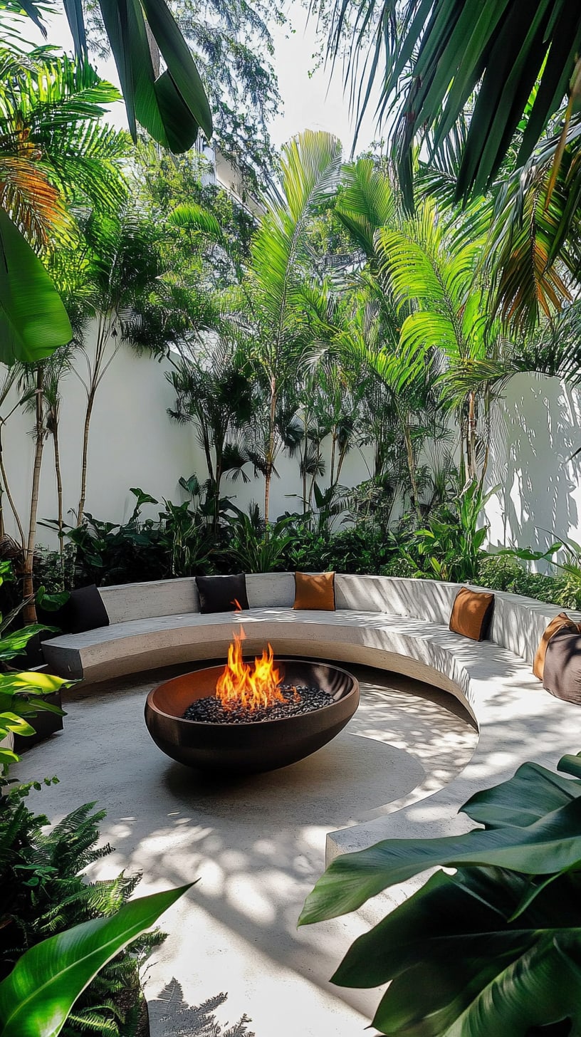 A tropical outdoor living area with lush plants and a large fire pit surrounded by a curved bench, creating a serene and inviting atmosphere.