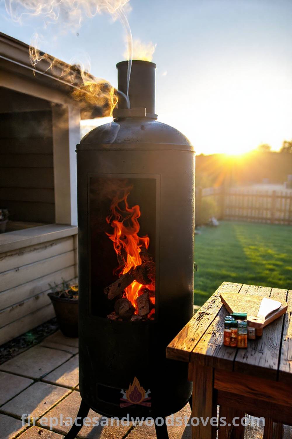 Tall vertical smoker barbecue on a sun-drenched patio with a rustic wooden table set with spices, creating a cozy outdoor gathering space for friends and family. Visit patioandhomefurniture.com for stylish ideas that will wow your guests.
