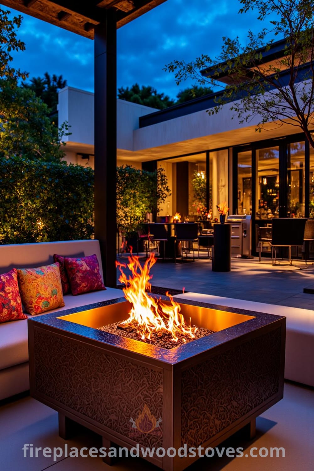 Art Deco fire pit in a stylish outdoor lounge, featuring geometric metal designs, glowing flames, plush cushions in vibrant patterns, and a cozy atmosphere for late-night gatherings. Available at fireplacesandwoodstoves.com. Cozy ideas and decor inspirations for your home.