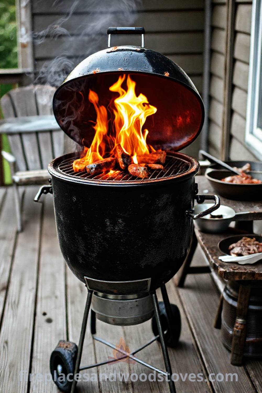 Charcoal grill barbecue on a wooden deck with flickering flames, weathered outdoor furniture, and a table filled with utensils and marinating meat, creating a cozy atmosphere perfect for gatherings, from fireplacesandwoodstoves.com.