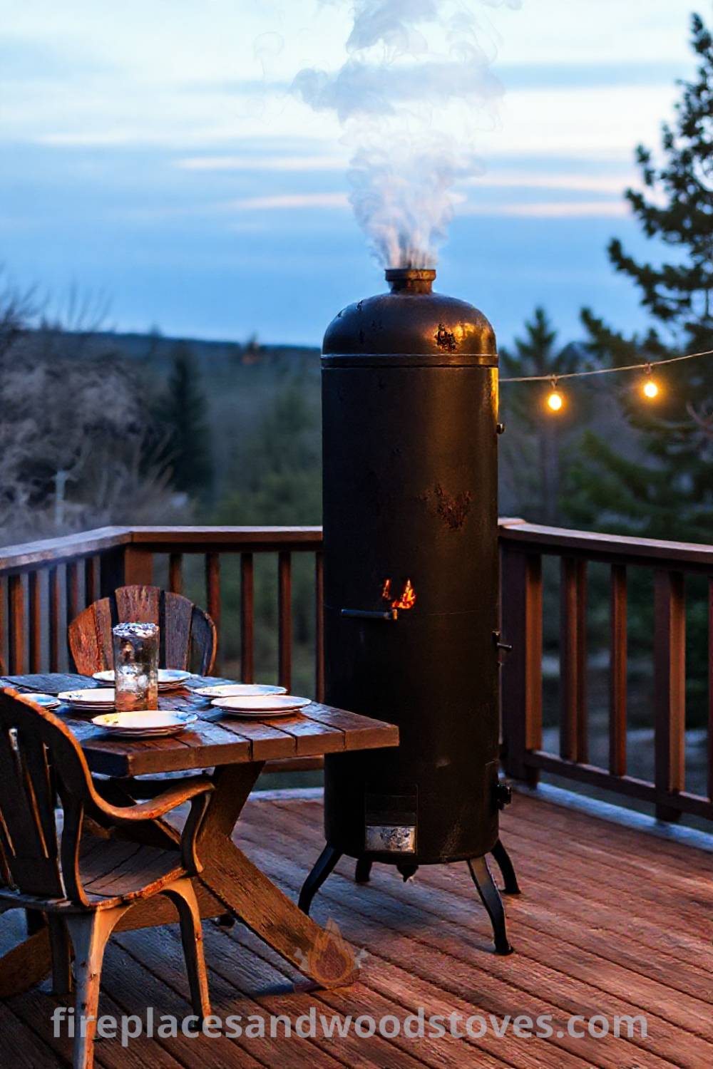 Outdoor vertical smoker barbecue on a wooden deck surrounded by mismatched chairs and a rustic picnic table, creating a cozy and inviting atmosphere for backyard gatherings. Visit patioandhomefurniture.com for creative ideas that will wow your guests.