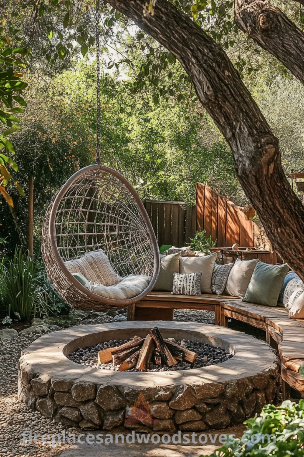 Backyard fire pit area featuring seating arrangements and inviting outdoor decor on fireplacesandwoodstoves.com, ideal for backyard gatherings, cozy ideas, and backyard improvements.