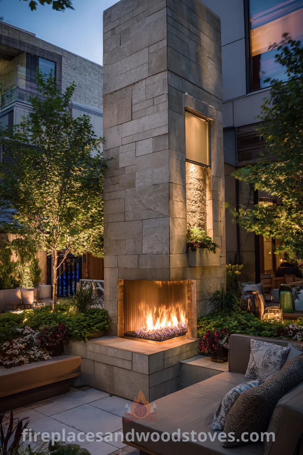 Tall corner fireplace with stacked stone, low slung seating, lush greenery, and mid century modern patio vibe.