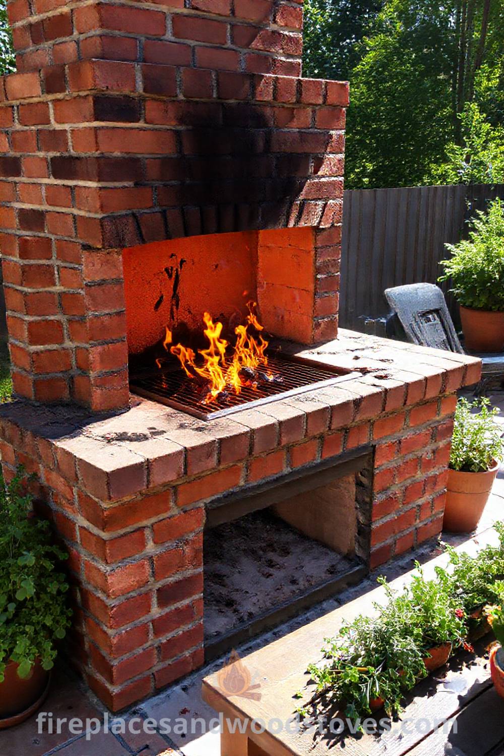 Brick BBQ fireplace on a sun-drenched patio with flames, a rustic wooden table, and potted herbs creating a cozy outdoor dining environment, perfect for memorable summer gatherings. Visit patioandhomefurniture.com for stylish designs transforming your backyard.