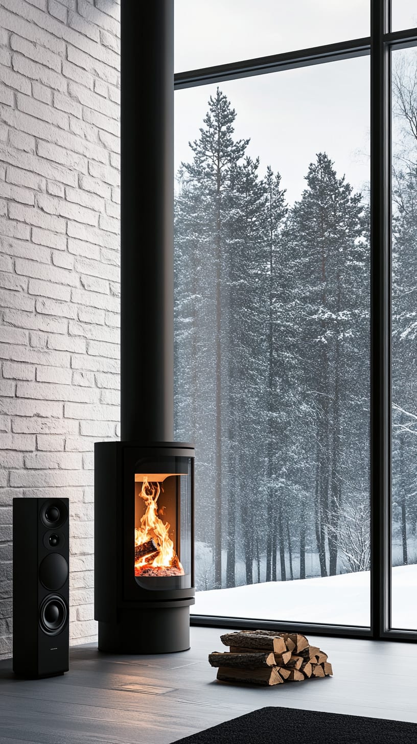 A modern black wood stove in front of a large panoramic window with a snowy landscape outside, exemplifying Scandinavian interior design.