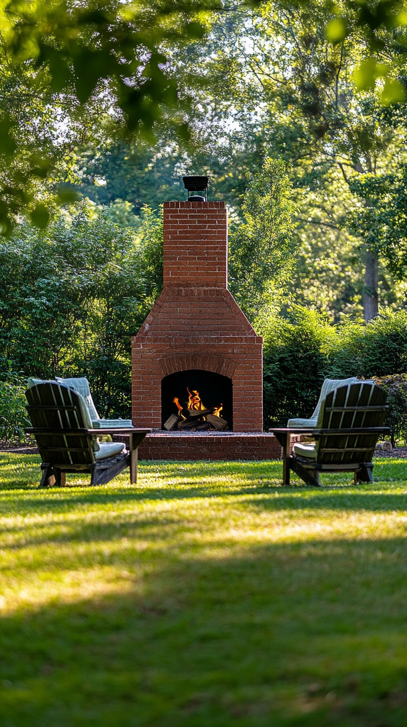 A red brick outdoor fireplace surrounded by green chairs and trees on a lush lawn, creating a warm and inviting outdoor space.