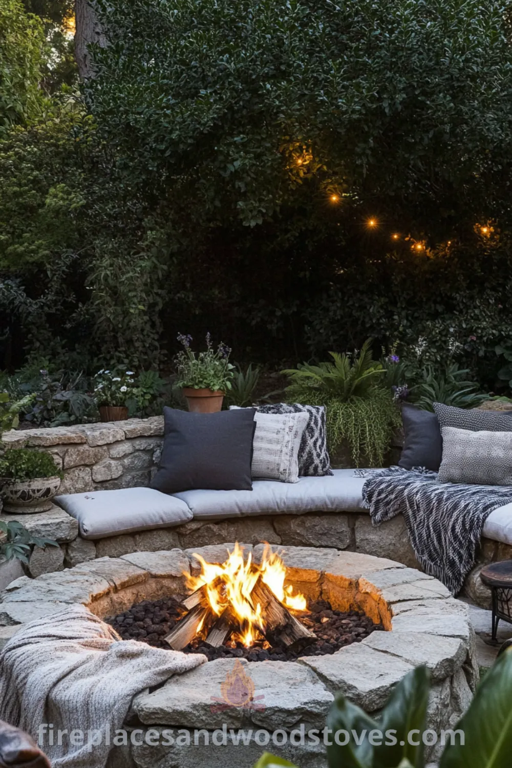Cozy outdoor fire pit area on fireplacesandwoodstoves.com, featuring a warm fire pit, comfortable seating, and unique decor ideas for inspiring backyard lifestyles.