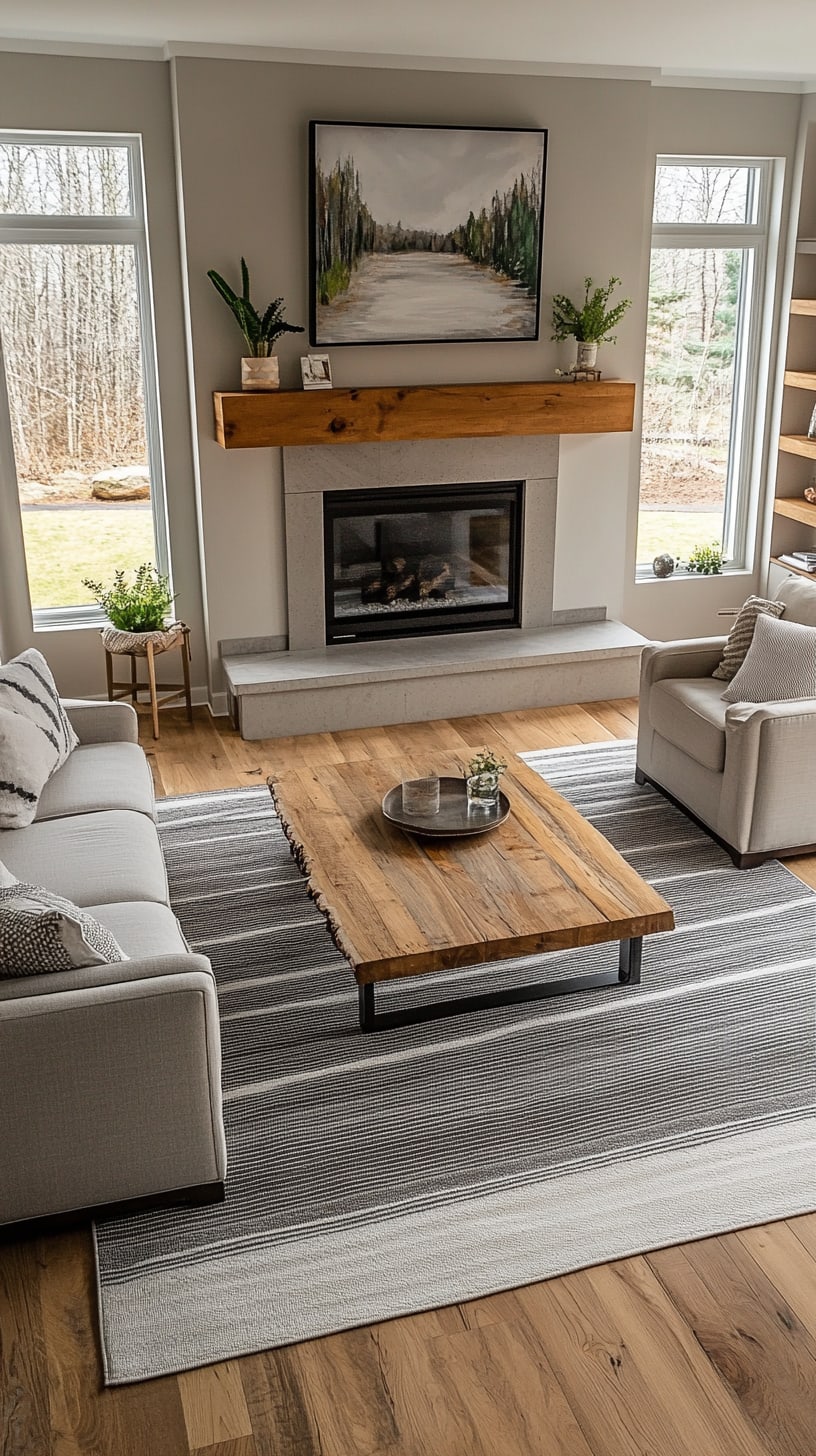 A modern farmhouse living room featuring light grey walls, rustic furniture, a wood-burning fireplace, and a scenic lake view through large windows.