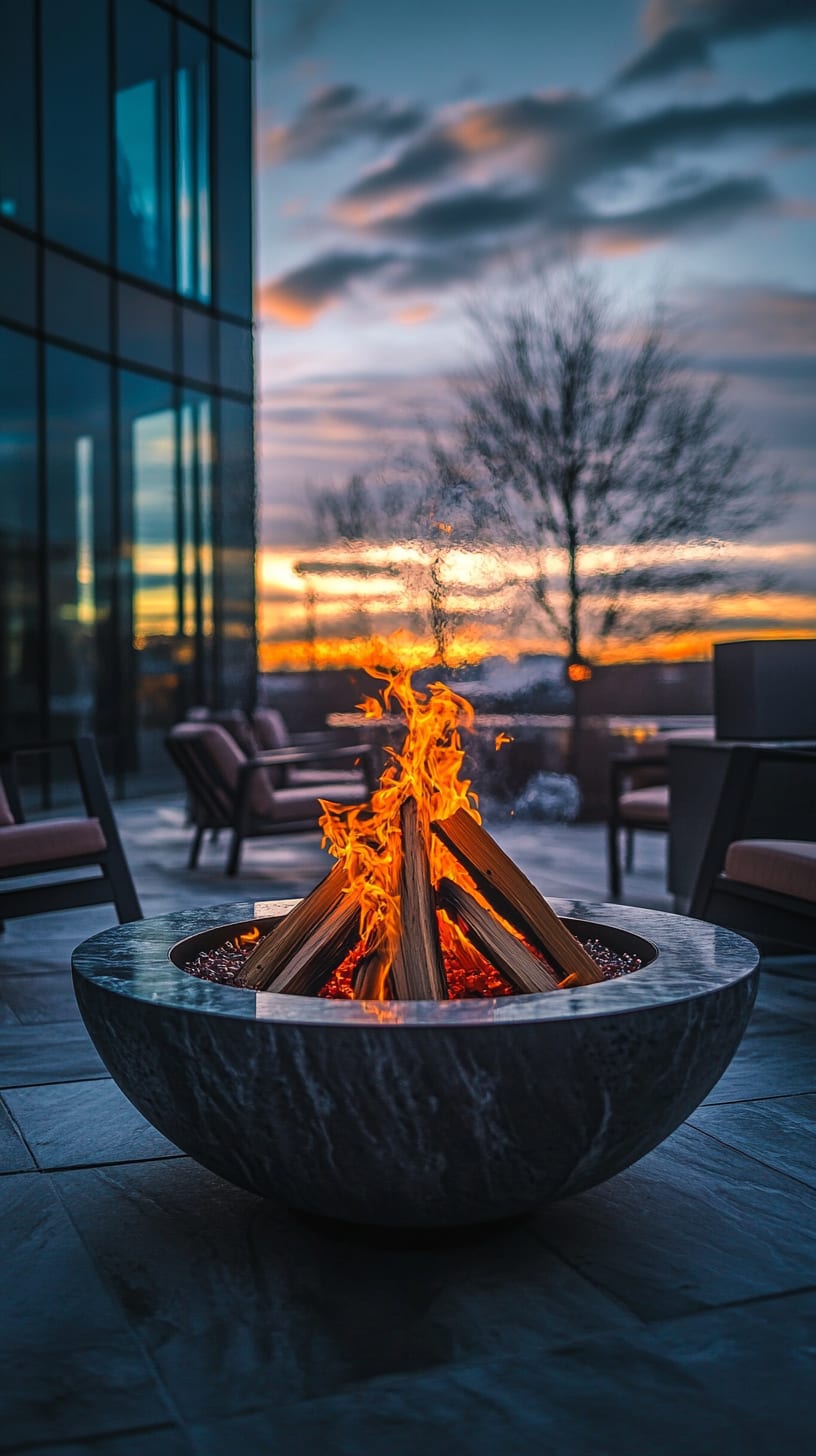 A modern fire pit with flickering flames set on a hotel terrace during sunset, surrounded by comfortable seating and reflecting city lights.
