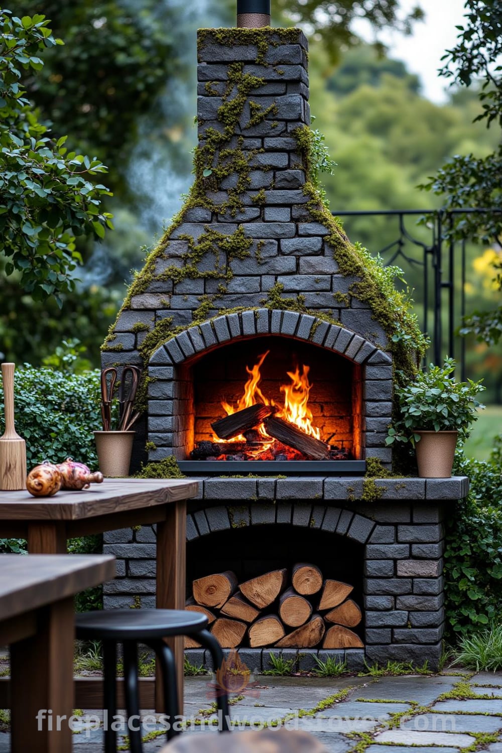 Gothic outdoor barbecue in a verdant garden, featuring dark, textured stone, flickering flames, and a weathered wooden table with mismatched chairs, creating a cozy and inviting outdoor dining space for summer gatherings, showcasing unique ideas for your home at fireplacesandwoodstoves.com.